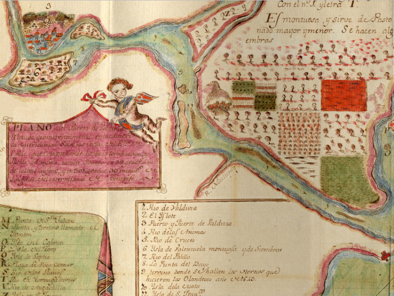 Plano Valdivia para Amat 1776, en el sector del Bayo se indican Los Hornillos con el número 9