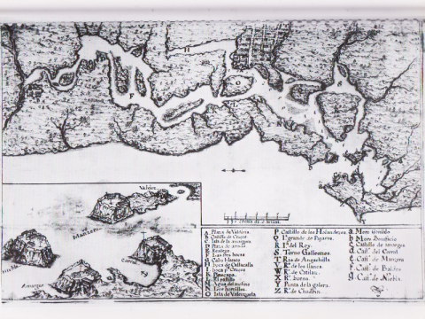 Mapa de ríos y estuario de Valdivia 1776, señala con letra N Los Hornillos y con la letra P el Castillo de los holandeses